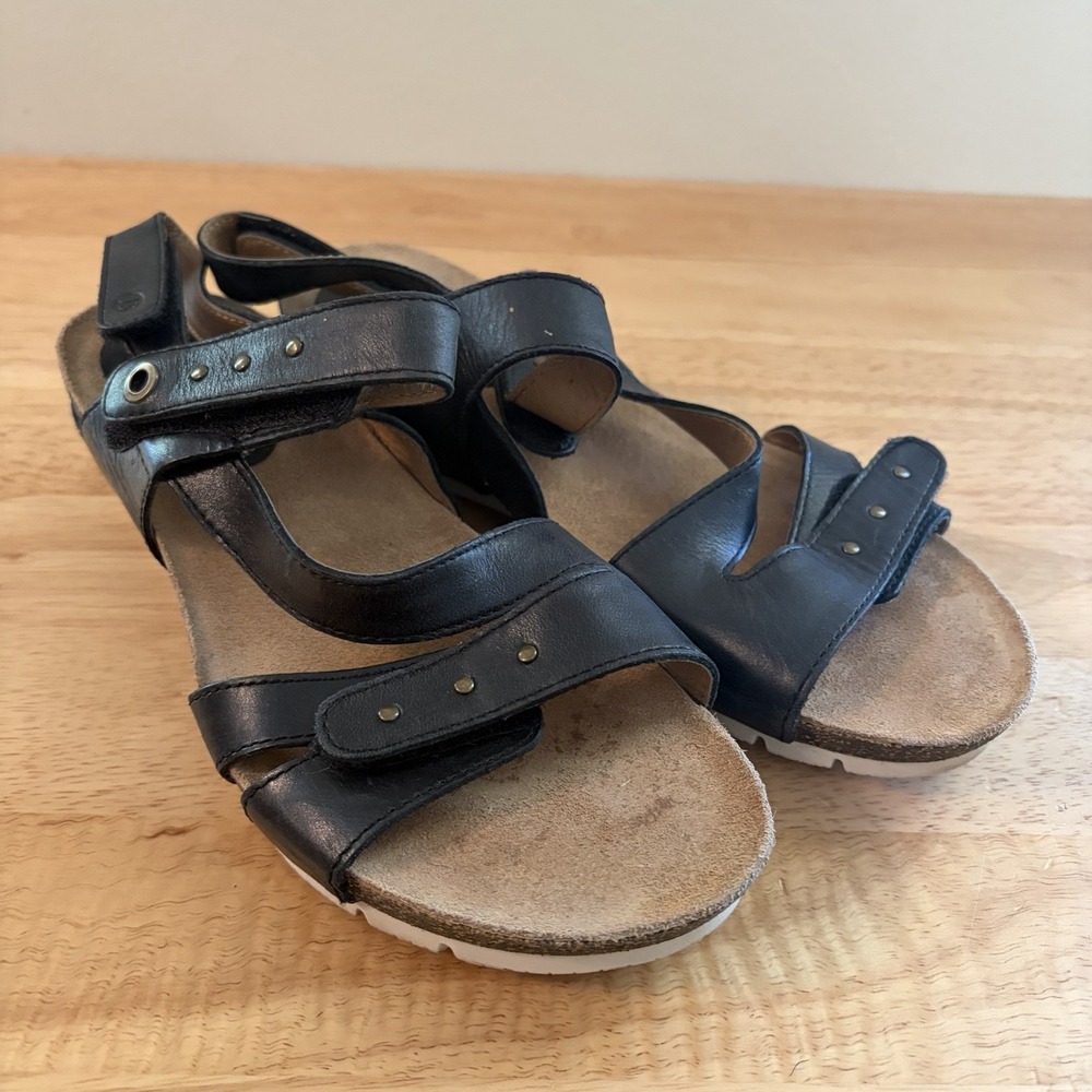 Josef Seibel Womens Black Leather Hailey 37 Wedge Sandals Cork Adjustable